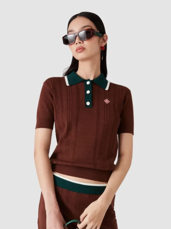 Dark Brown Cable Knit Polo Shirt made by Casablanca