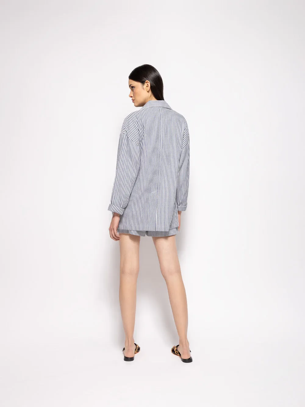 Virgo Navy Hand-Woven Striped Wide-Leg Shorts sold by Fashion Clinic product image thumbnail 4