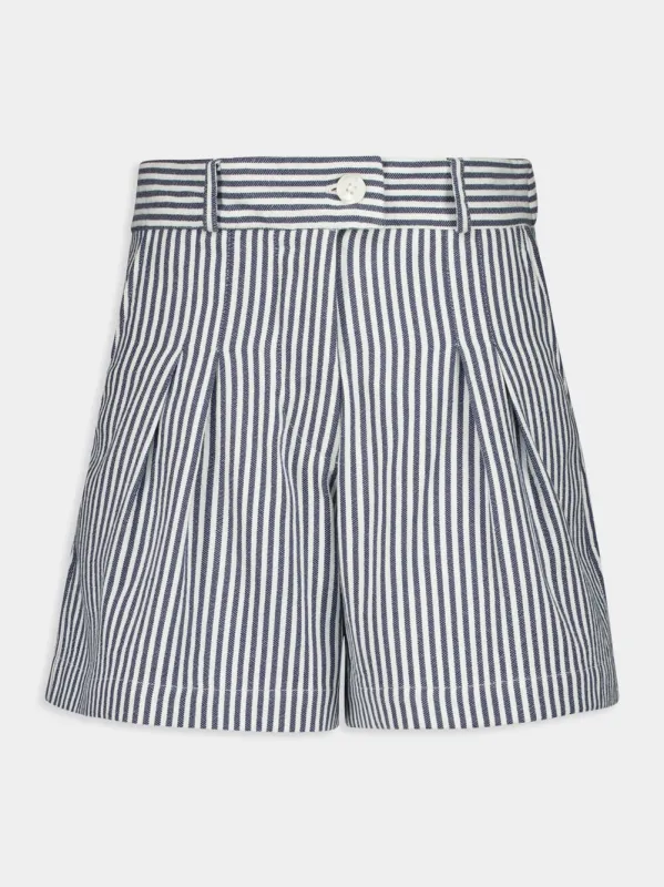 Virgo Navy Hand-Woven Striped Wide-Leg Shorts sold by Fashion Clinic