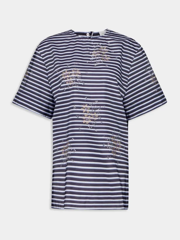 Striped White and Blue Embroidered T-Shirt sold by Fashion Clinic