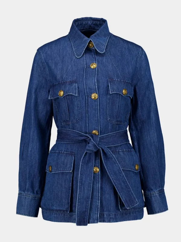 Blue Sahariana Jacket with Belt in Medium Denim sold by Fashion Clinic