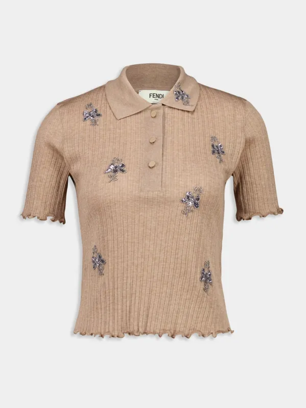 Brown Embroidered Cropped Polo Shirt sold by Fashion Clinic