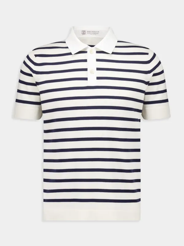 White and Navy Blue Striped Polo Sweater Short Sleeve sold by Fashion Clinic