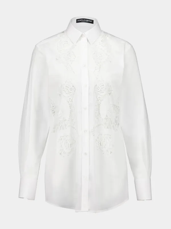 White Cotton Poplin Shirt with Lace Inlay sold by Fashion Clinic