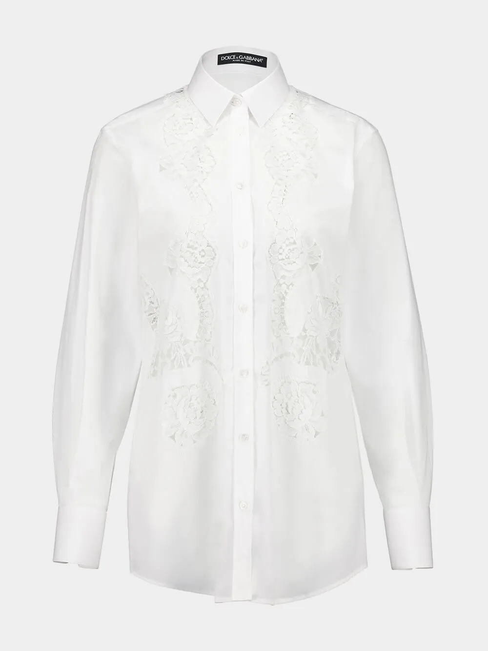 White Cotton Poplin Shirt with Lace Inlay sold by Fashion Clinic