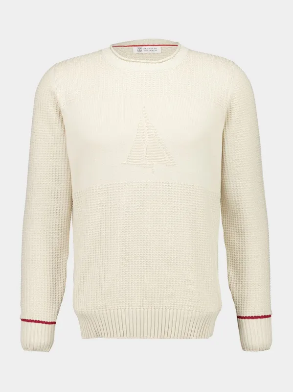 Cream Knitted Cotton Crewneck Sweater sold by Fashion Clinic