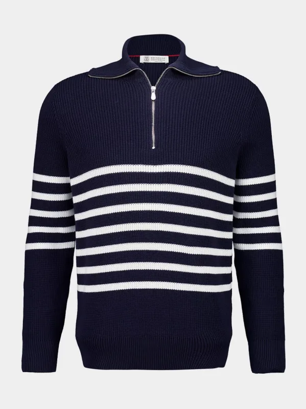 Navy Blue Knitted Cotton Zip-Neck Sweater sold by Fashion Clinic