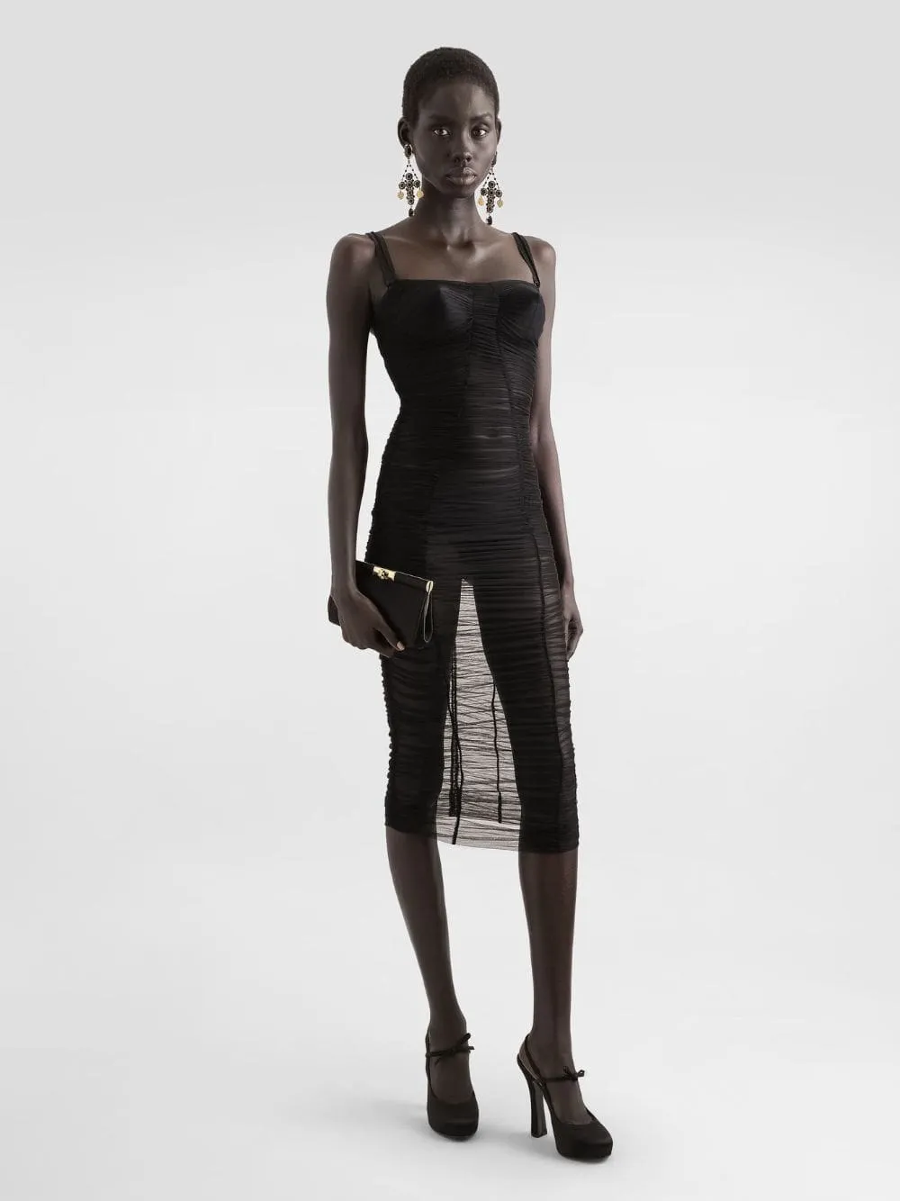 Black Tulle Calf-Length Draped Dress sold by Fashion Clinic