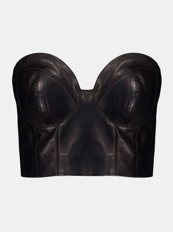 Black Zip-Up Leather Corset Top made by Balmain