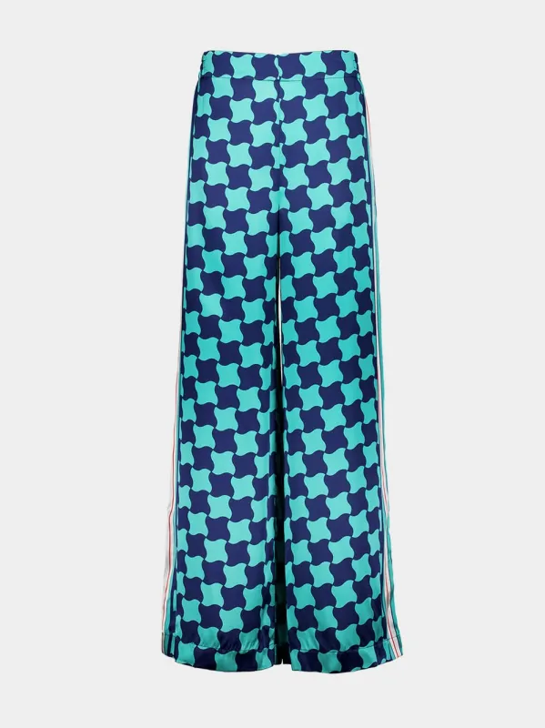 Blue Pool Tile Wide-Leg Silk Trousers sold by Fashion Clinic