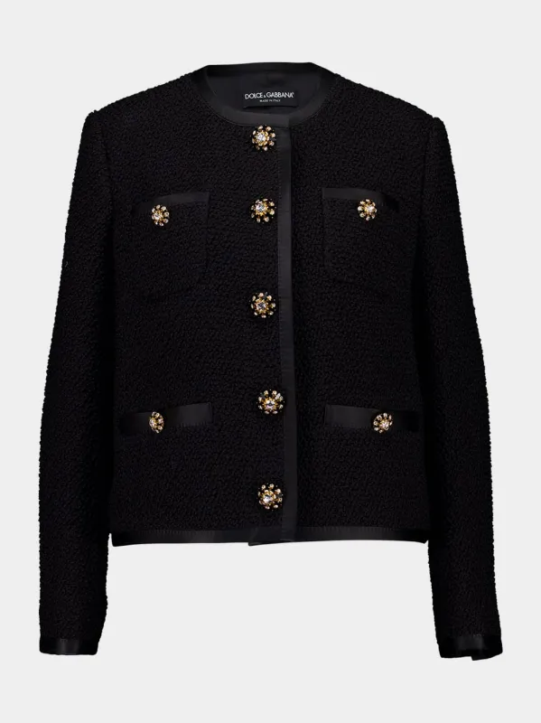 Black Cropped Single-Breasted Bouclé Tweed Jacket sold by Fashion Clinic