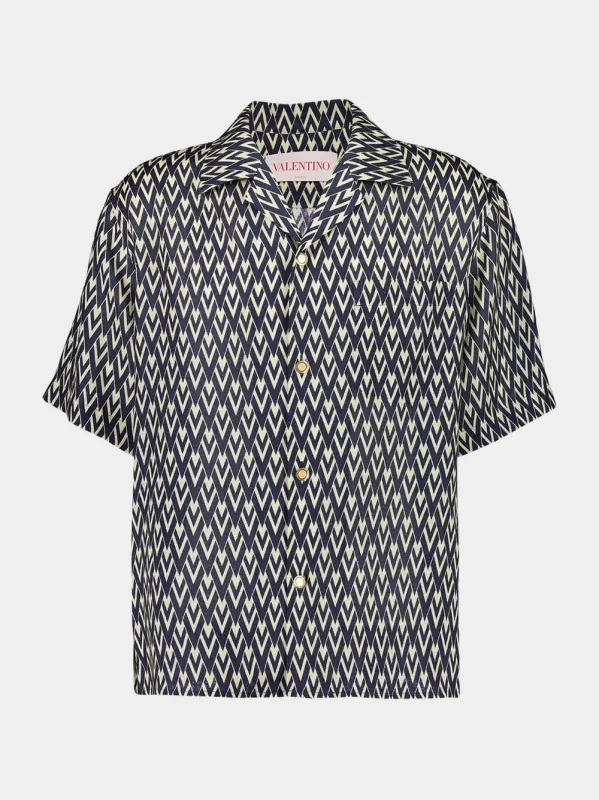 Blue Printed Short-Sleeve Button-Up Bowling Shirt sold by Fashion Clinic