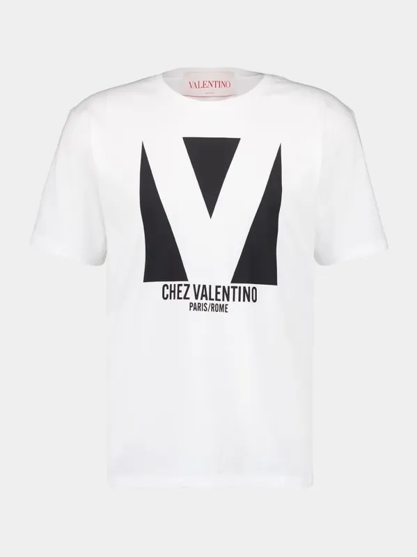 Ivory Cotton T-Shirt with Chez Valentino Print sold by Fashion Clinic