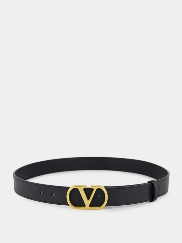 Black VLogo Signature Belt in Shiny Calfskin sold by Fashion Clinic
