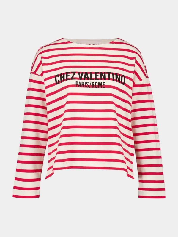 Ivory and Red Striped Cotton Jersey Long-Sleeved Top sold by Fashion Clinic