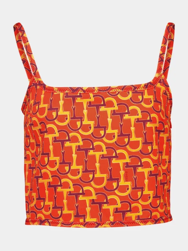 Orange Printed Silk Crop Top with Horsebit Motif sold by Fashion Clinic