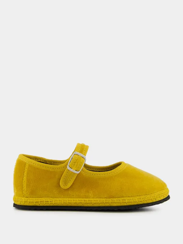 Mary Jane Bambino in Yellow Ribolla Velvet sold by Fashion Clinic