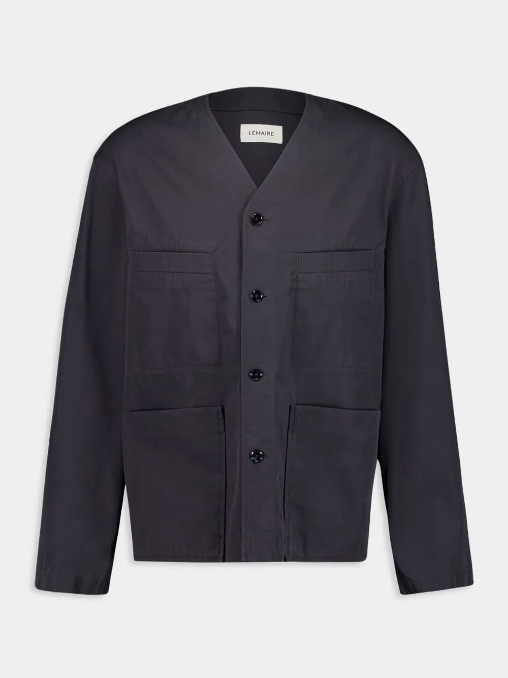 Charcoal Collarless Cotton Twill Overshirt sold by Fashion Clinic
