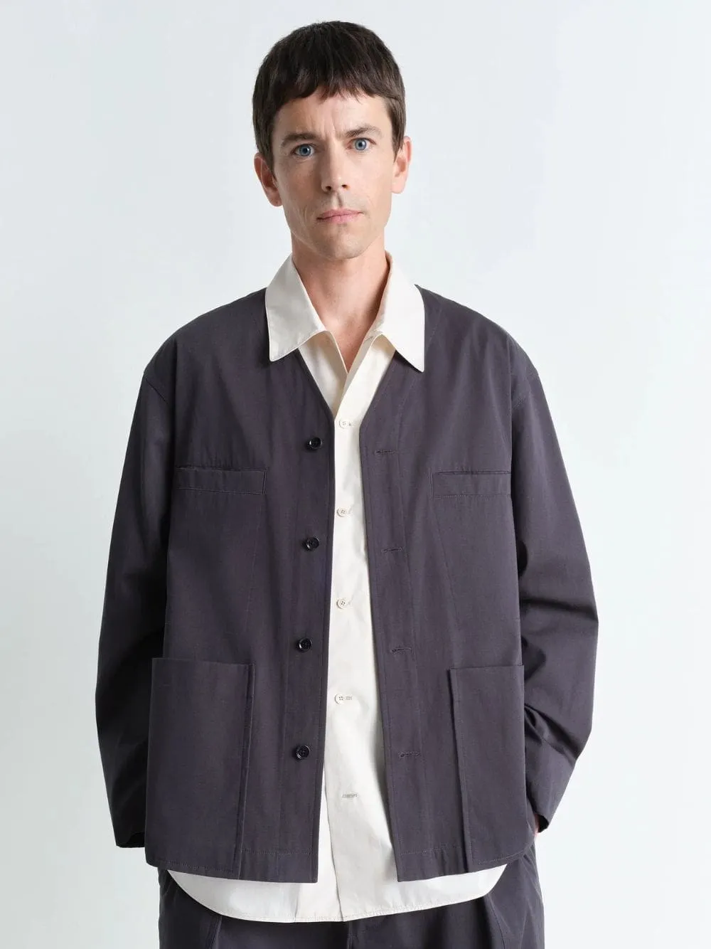 Charcoal Collarless Cotton Twill Overshirt sold by Fashion Clinic product image thumbnail 2