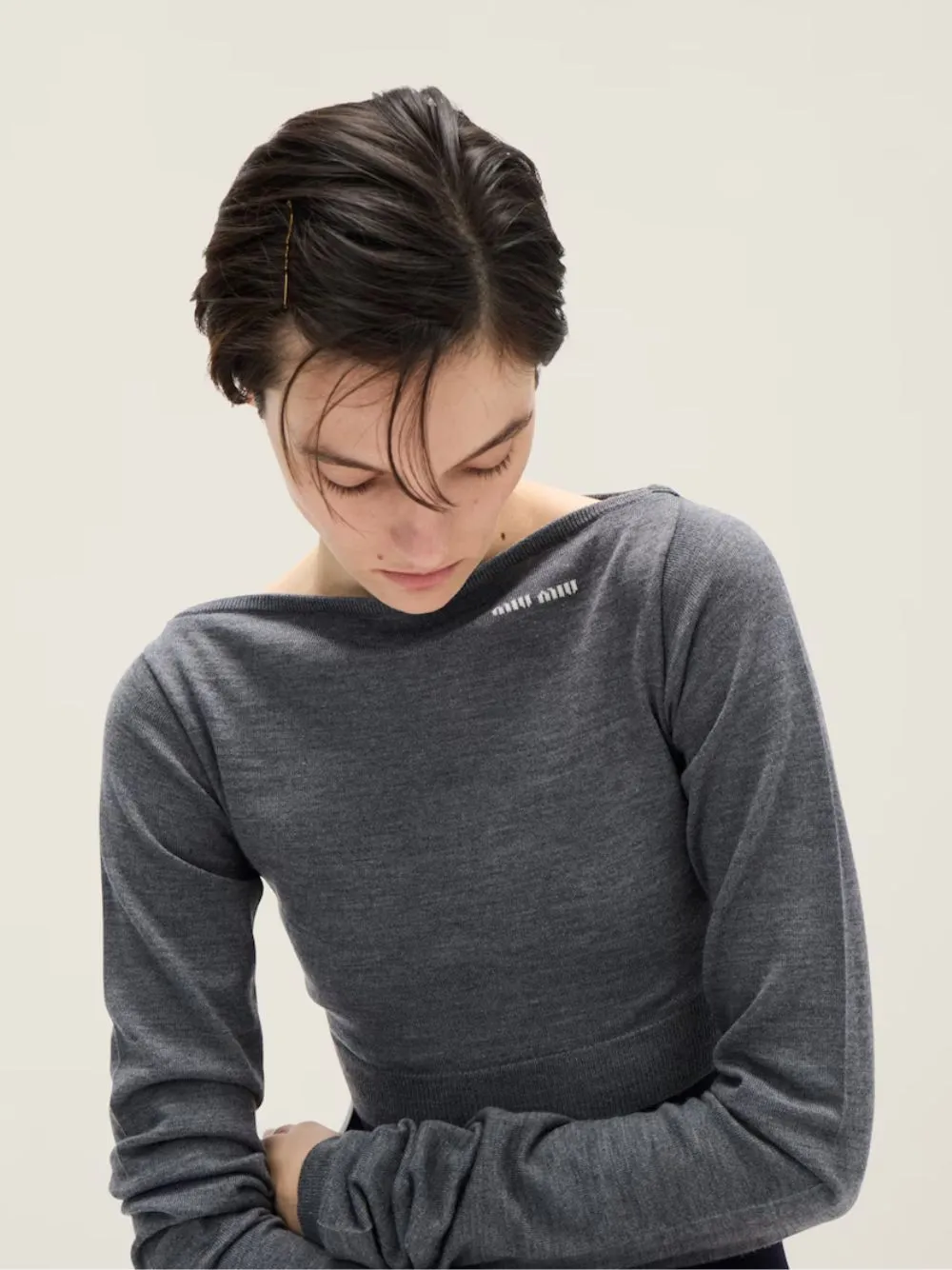 Slate Grey Cropped Wool Boat-Neck Sweater sold by Fashion Clinic product image thumbnail 4