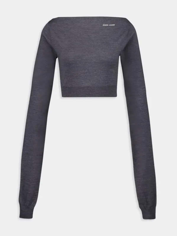 Slate Grey Cropped Wool Boat-Neck Sweater sold by Fashion Clinic