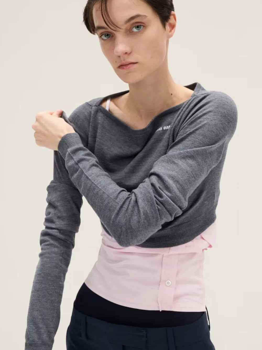 Slate Grey Cropped Wool Boat-Neck Sweater sold by Fashion Clinic product image thumbnail 2