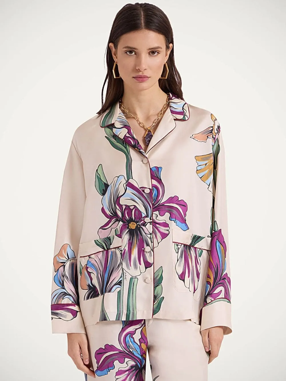 Iris Ivory Silk Twill Pajama Shirt sold by Fashion Clinic