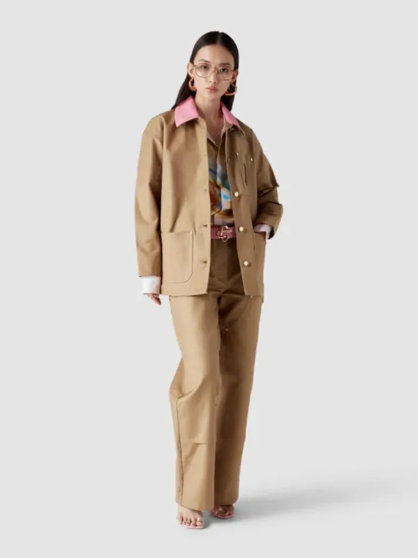 Ecru Cotton Workwear Jacket with Contrast Collar sold by Fashion Clinic