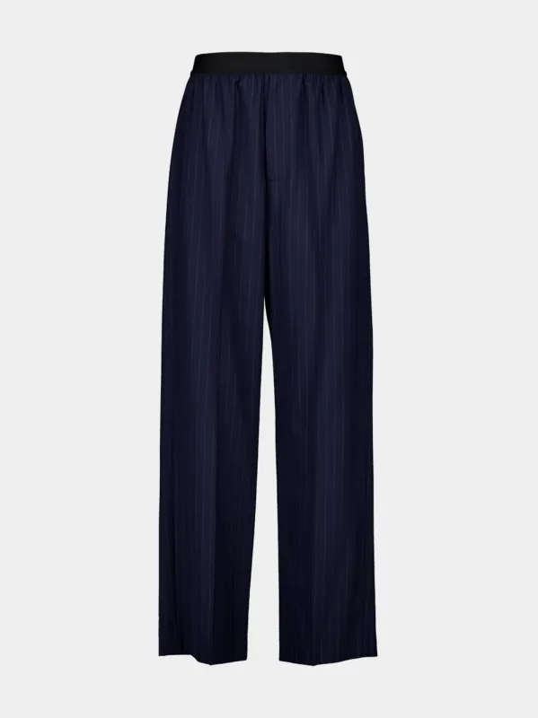 Dark Navy Straight-Fit Pinstripe Wool Trousers sold by Fashion Clinic