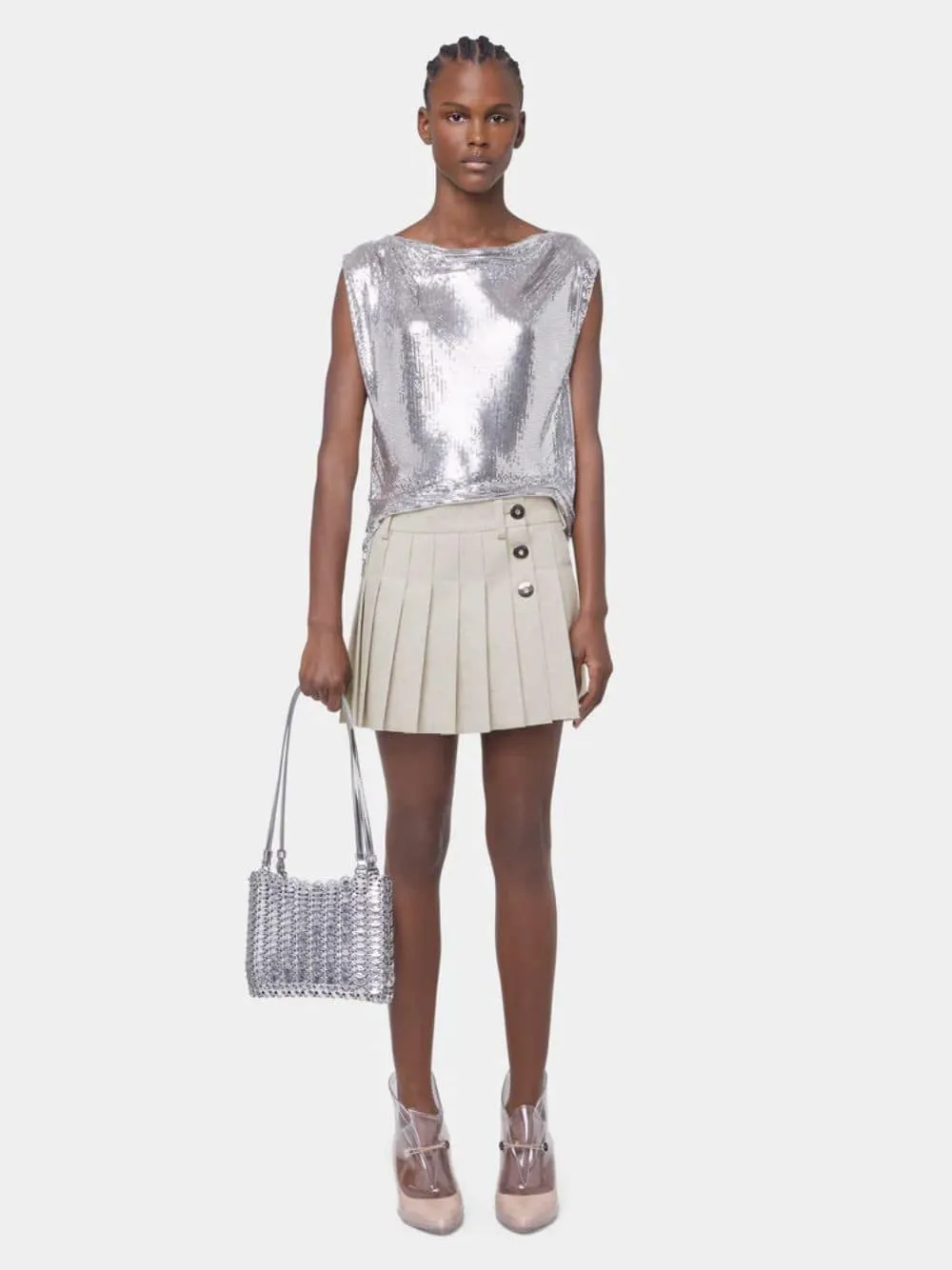 Beige Mottled Wool Mini Pleated Skirt sold by Fashion Clinic product image thumbnail 2