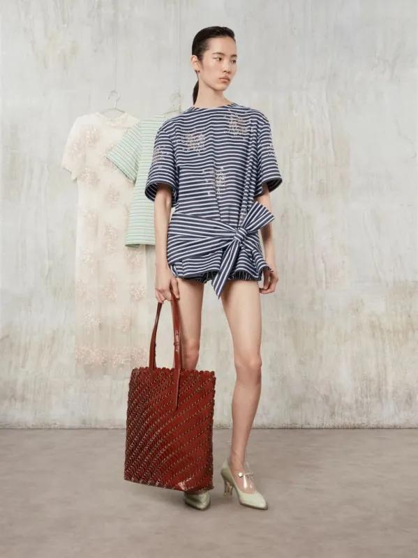 Striped White and Blue Cotton Poplin Mini Shorts sold by Fashion Clinic
