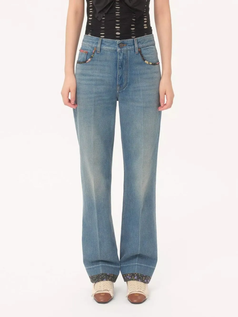 Medium Blue Denim Trousers with Floral Detail sold by Fashion Clinic product image thumbnail 2