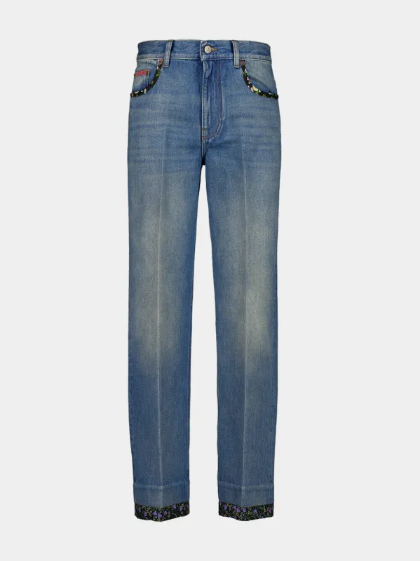 Medium Blue Denim Trousers with Floral Detail sold by Fashion Clinic