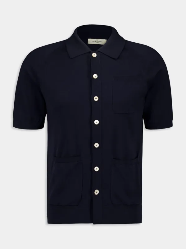 Navy Blue Short-Sleeve Button-Up Shirt made by Fashion Clinic