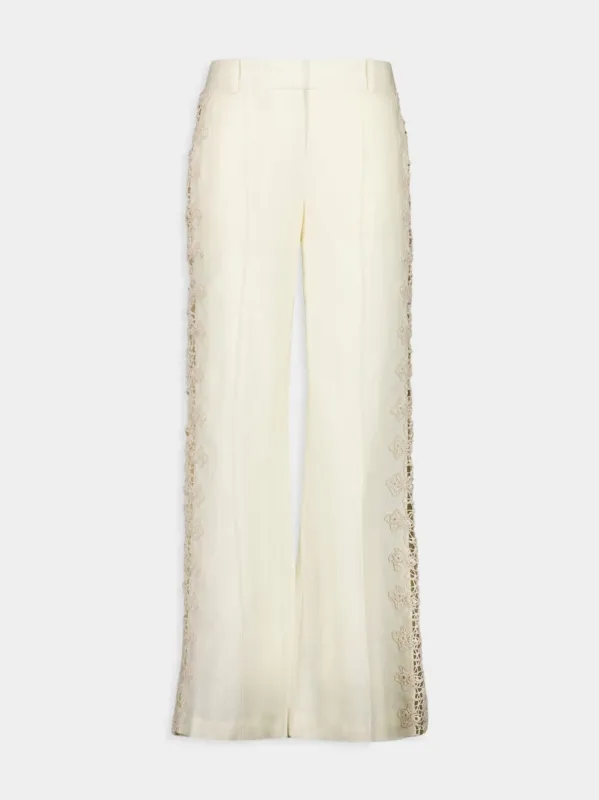 Cream Illuminate Flared Linen Pants with Lace Inserts sold by Fashion Clinic