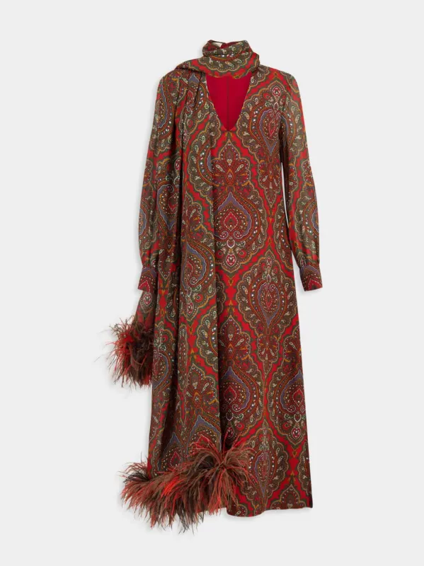 Paisley Silk Maxi Dress with Feathers sold by Fashion Clinic