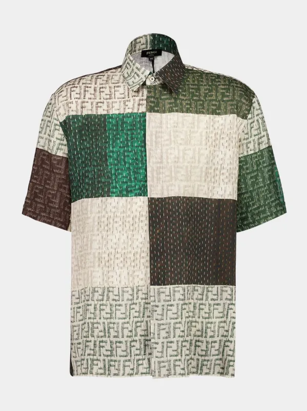 Green and Brown FF Linen Patchwork Shirt sold by Fashion Clinic
