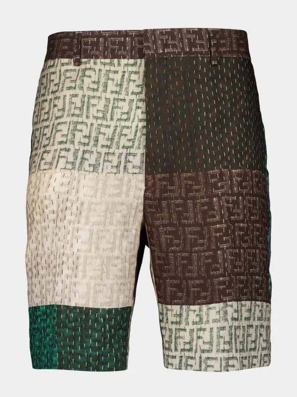 Green and Brown Patchwork Linen Bermuda Shorts sold by Fashion Clinic
