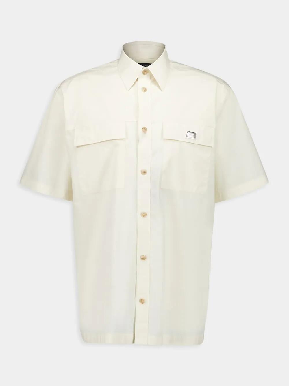 Beige Poplin Hawaiian Shirt with Metal Logo Tag sold by Fashion Clinic