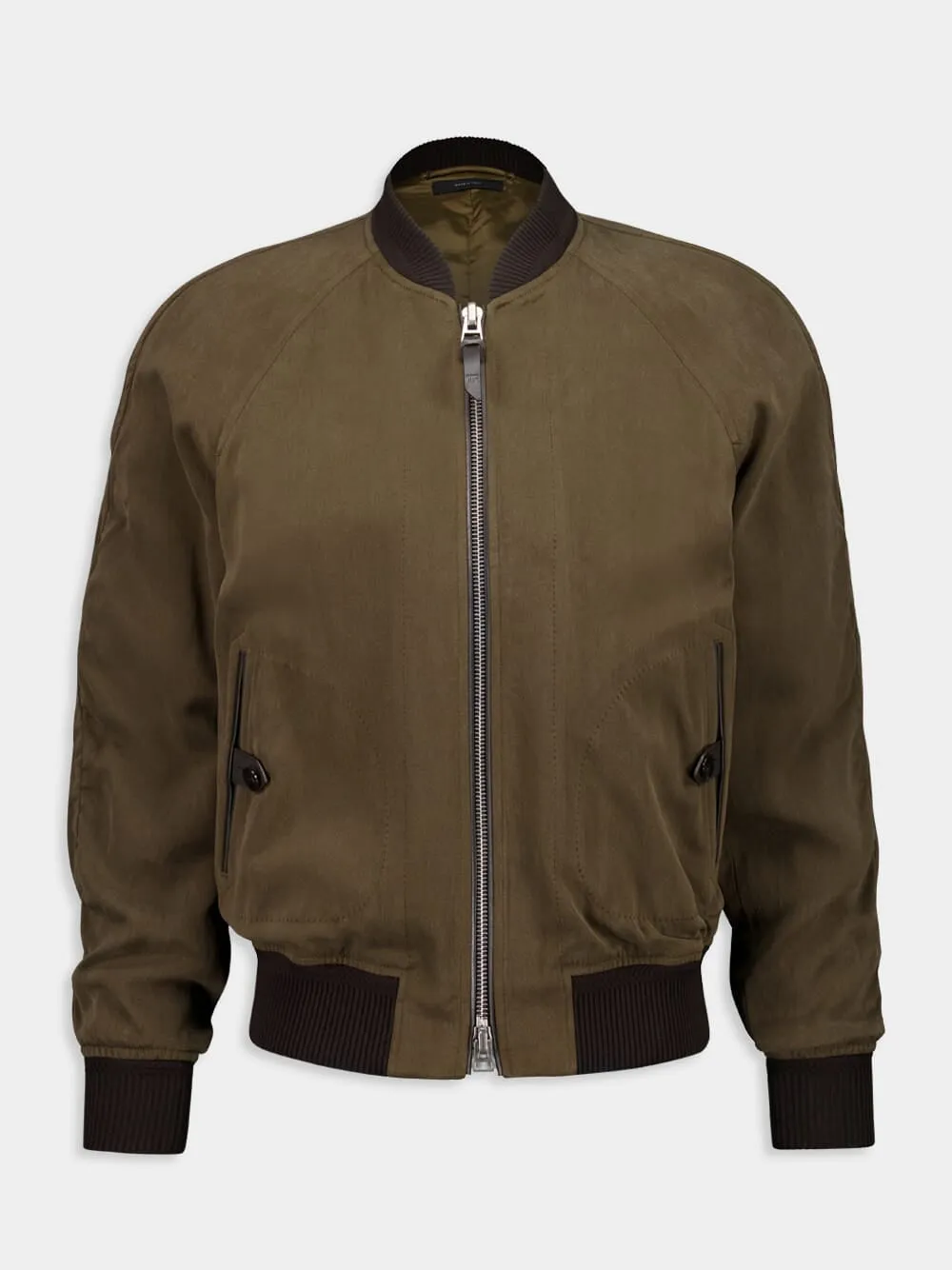 Dark Olive Suede Bomber Jacket sold by Fashion Clinic