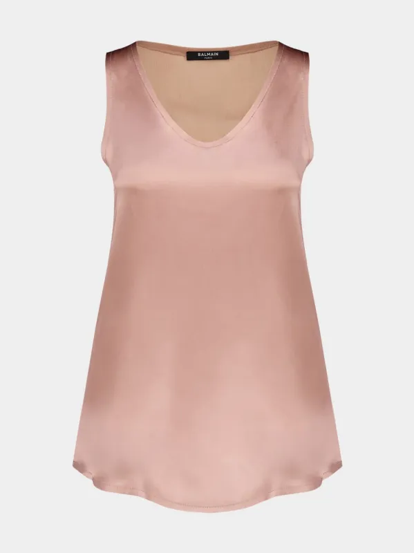 Beige Poudre Silk Crepe V-Neck Sleeveless Top sold by Fashion Clinic