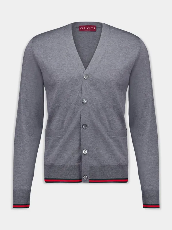 Dark Grey Wool Knit Cardigan with Web Trim sold by Fashion Clinic