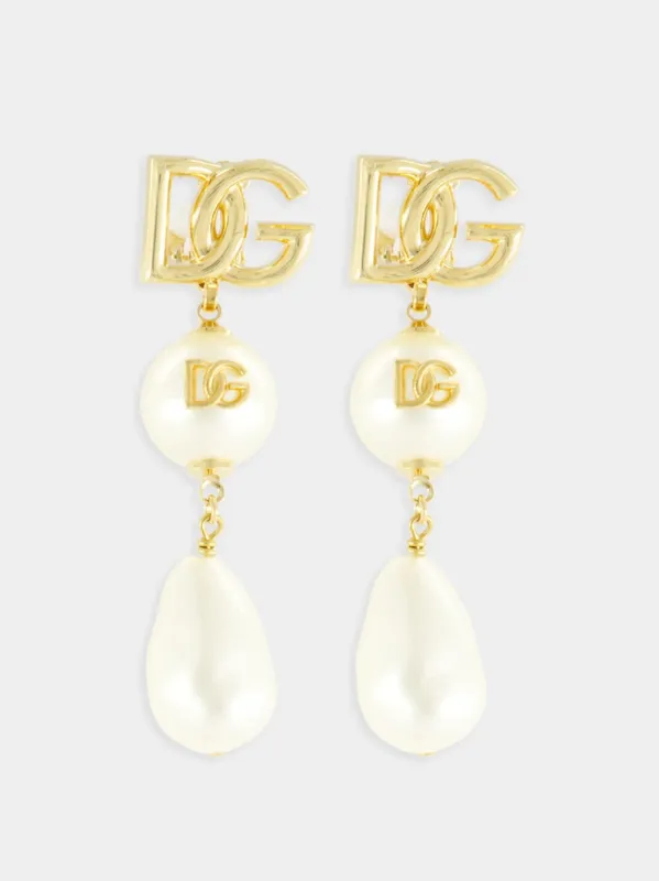 Gold Drop Earrings with DG Logo and Teardrop Accents sold by Fashion Clinic