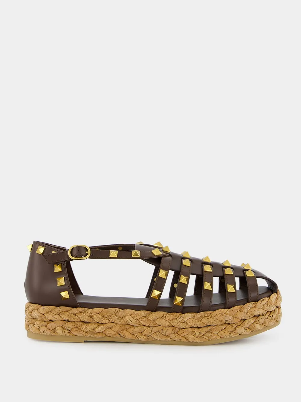 Dark Brown Rockstud Flat Espadrille Sandals sold by Fashion Clinic