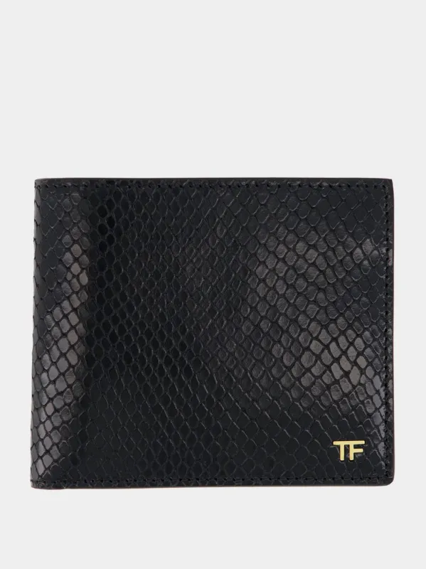 Black Bifold Wallet in Printed Python Leather sold by Fashion Clinic