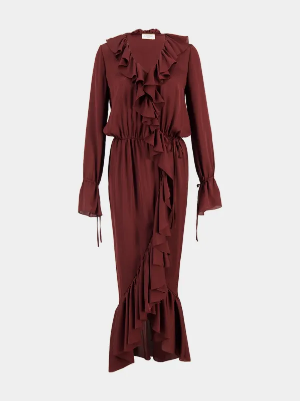 Bordeaux Ruffled Silk Charmeuse Wrap Dress sold by Fashion Clinic