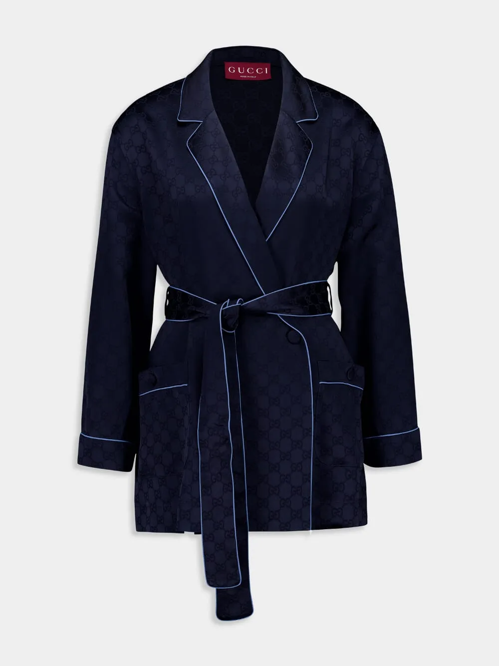 Dark Blue GG Satin Shirt with Belt sold by Fashion Clinic