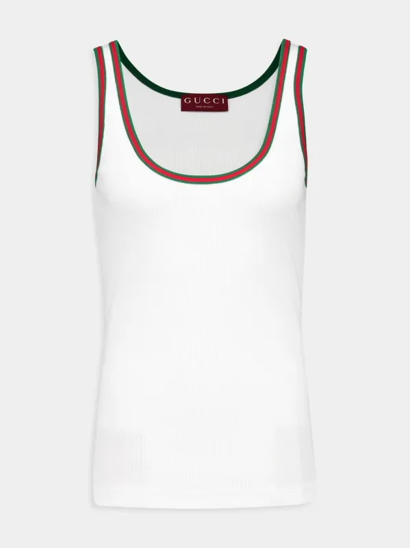 White Cotton Rib Tank Top with Web sold by Fashion Clinic