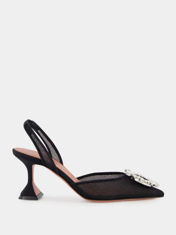 Black Begum Mesh Slingback Heels with White Crystal Buckle sold by Fashion Clinic