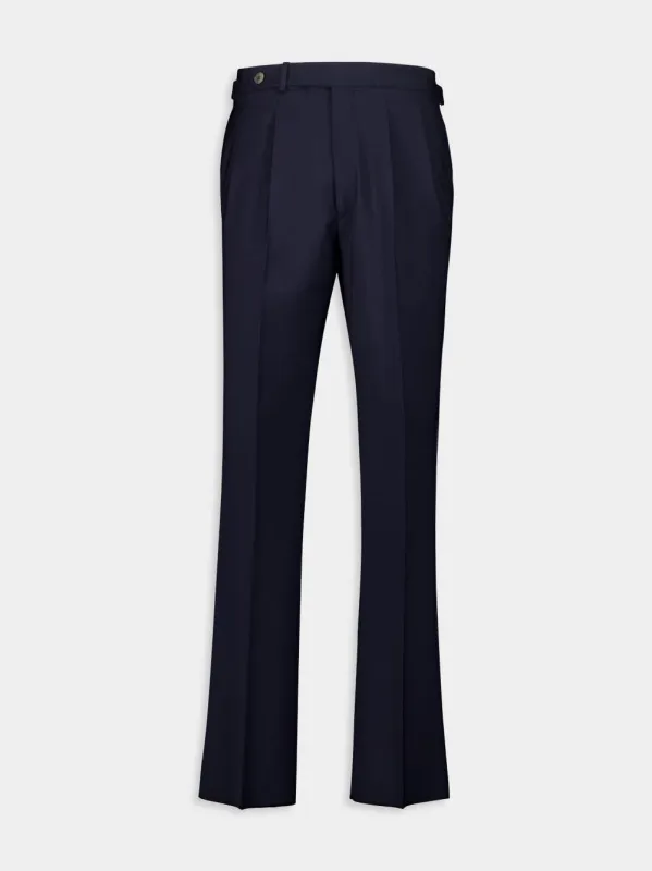 Navy Blue Regular Fit Pleated Wool Trousers sold by Fashion Clinic